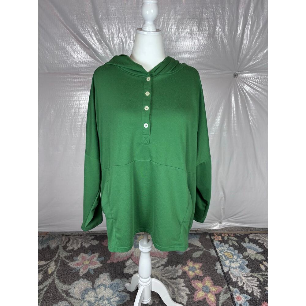 Plus Size 4XL Green Hooded Henley Long Sleeve Top | Unbranded